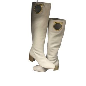 SALVATORE FERRAGAMO - Avivo Knee High Beige/Cream Leather Gancini Boot w/2” heel